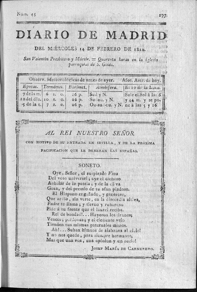 Miniatura de Diario de Madrid del miércoles 14 de Febrero de 1810