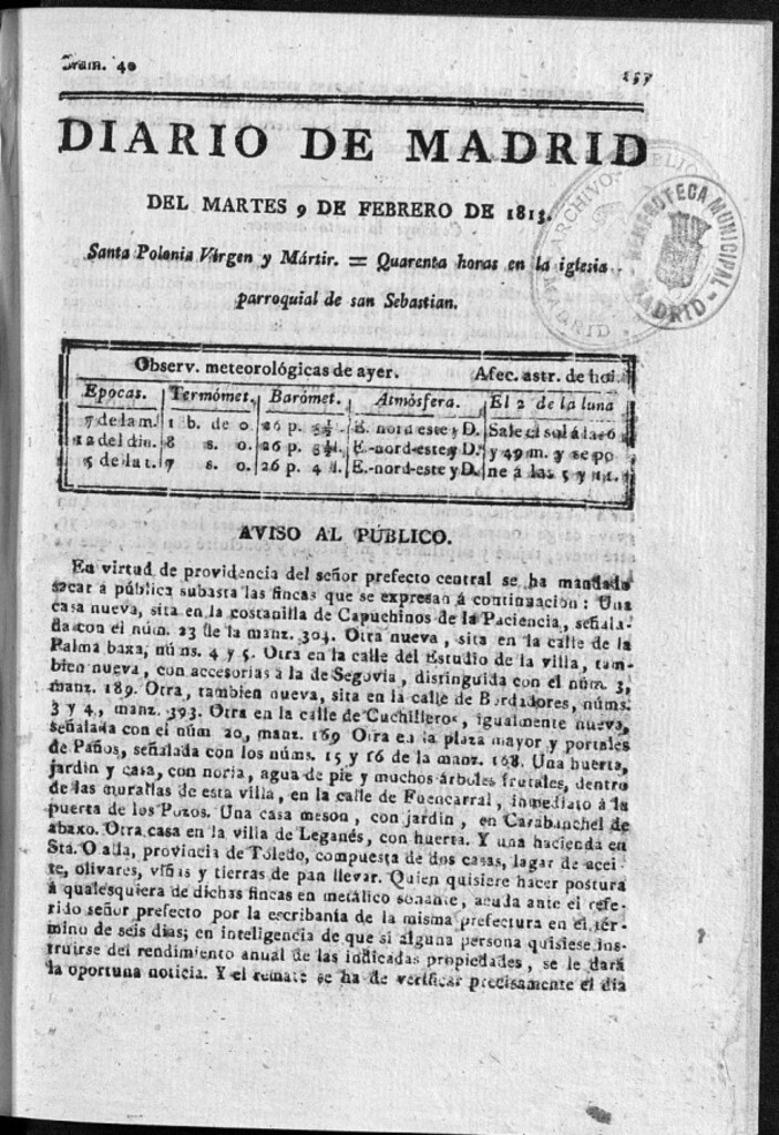 Miniatura de Diario de Madrid Martes 9 de Febrero de 1813