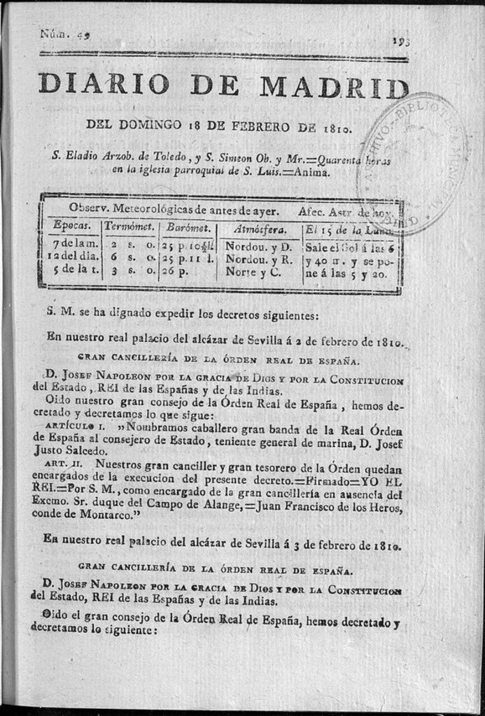 Miniatura de Diario de Madrid del domingo 18 de Febrero de 1810