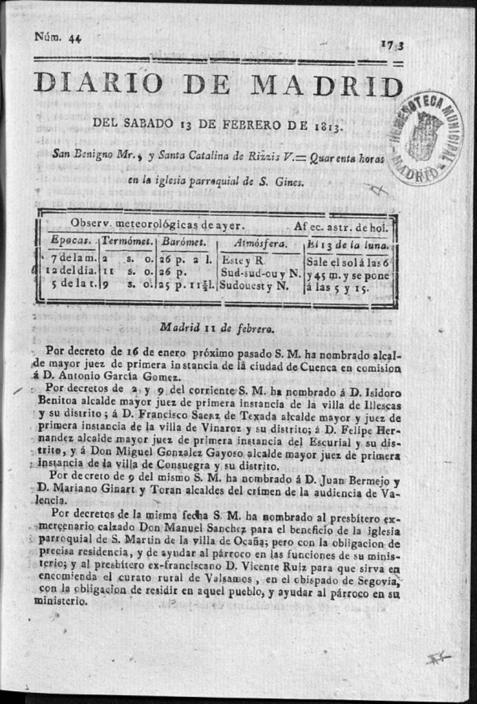 Miniatura de Diario de Madrid Sábado 13 de Febrero de 1813