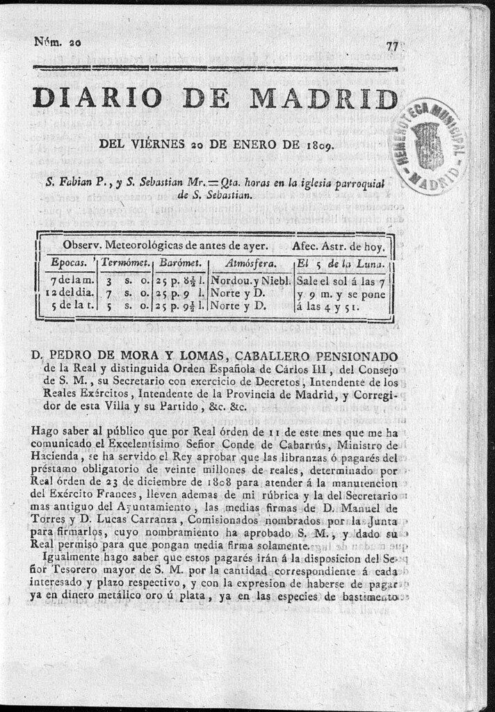 Miniatura de Diario de Madrid del viernes 20 de Enero de 1809