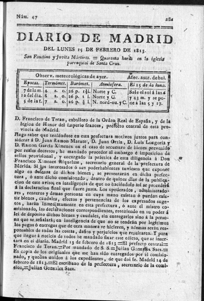 Miniatura de Diario de Madrid Lunes 15 de Febrero de 1813