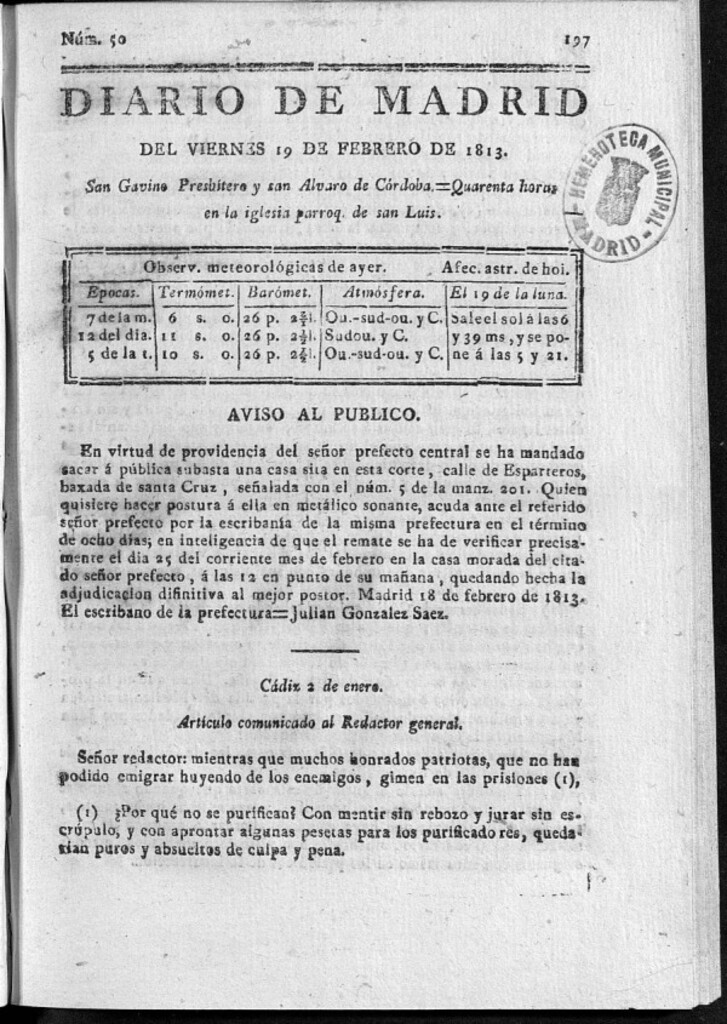 Miniatura de Diario de Madrid Viernes 19 de Febrero de 1813