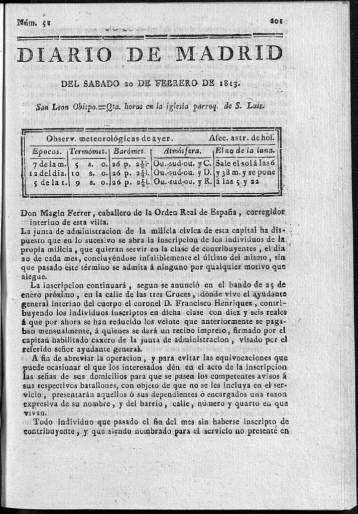 Miniatura de Diario de Madrid Sábado 20 de Febrero de 1813
