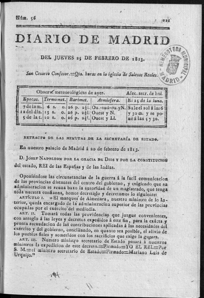 Miniatura de Diario de Madrid Jueves 25 de Febrero de 1813