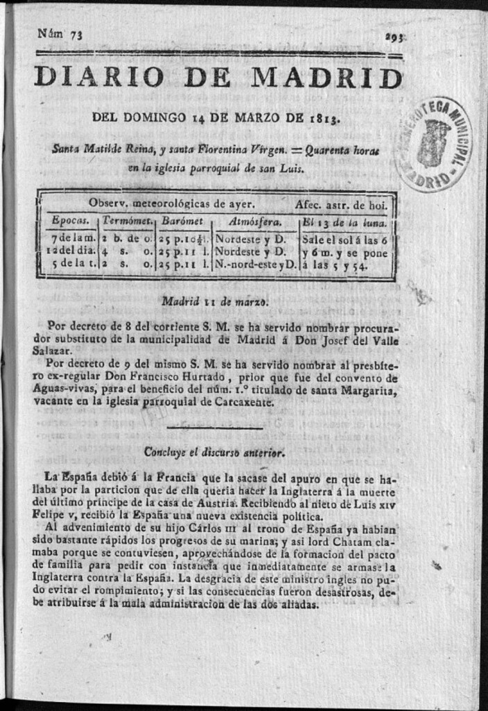 Miniatura de Diario de Madrid Domingo 14 de Marzo de 1813
