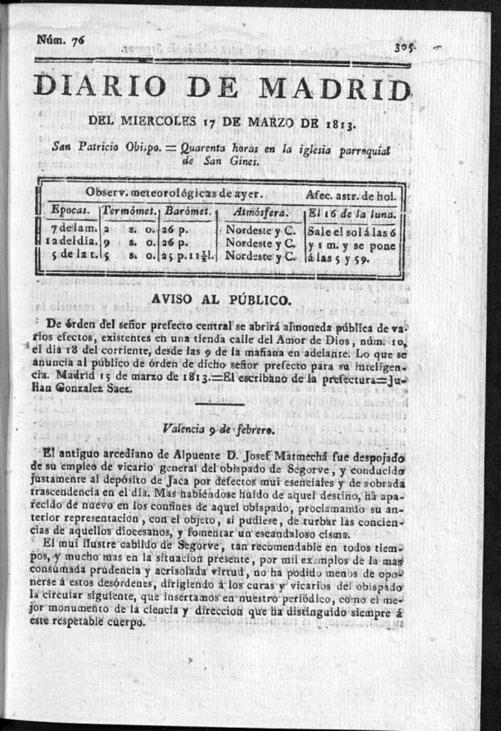 Miniatura de Diario de Madrid Miercoles 17 de Marzo de 1813