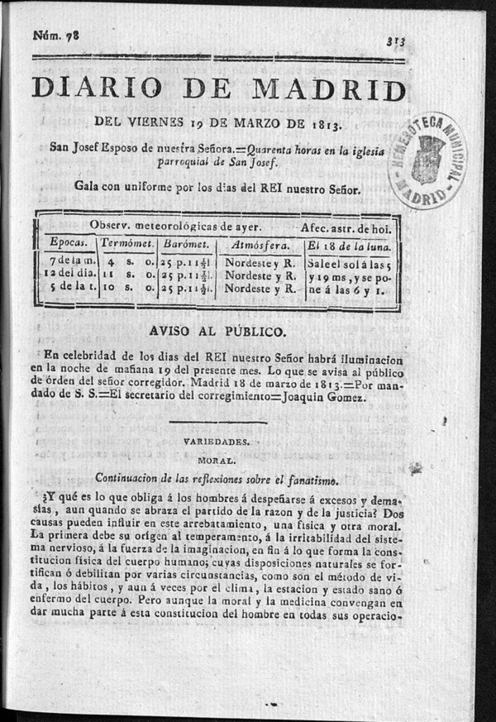 Miniatura de Diario de Madrid Viernes 19 de Marzo de 1813