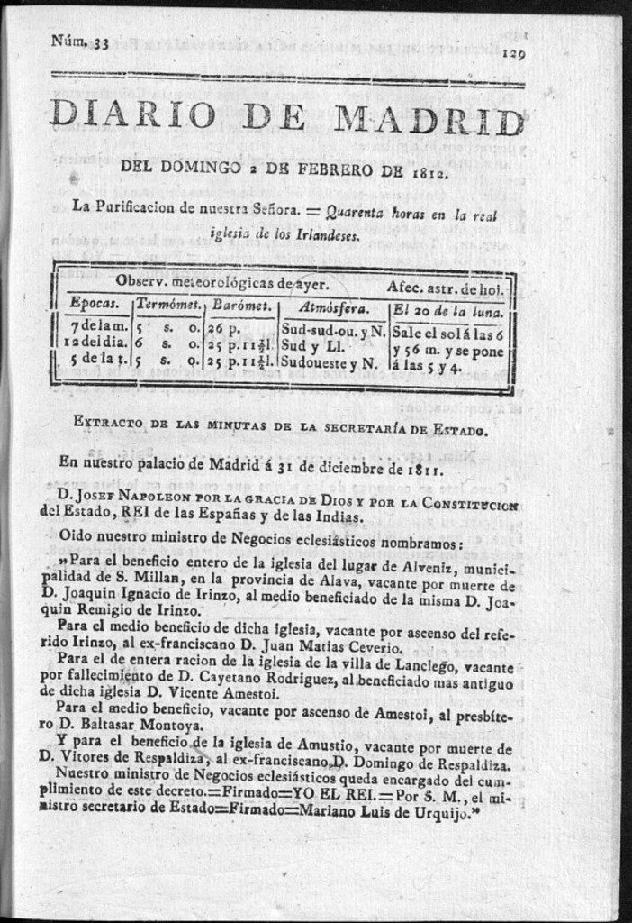Miniatura de Diario de Madrid del domingo 2 de Febrero de 1812