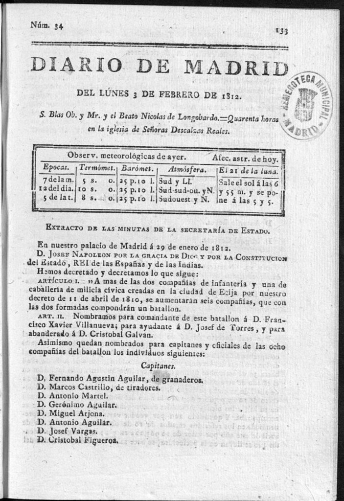 Miniatura de Diario de Madrid del lunes 3 de Febrero de 1812