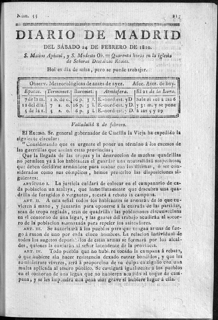Miniatura de Diario de Madrid del sábado 24 de Febrero de 1810