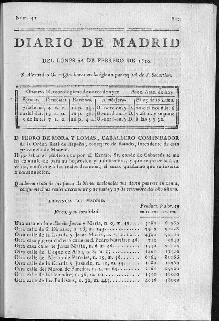 Miniatura de Diario de Madrid del lunes 26 de Febrero de 1810
