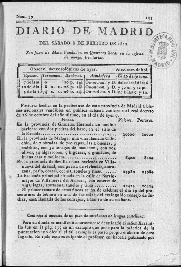 Miniatura de Diario de Madrid del sábado 8 de Febrero de 1812