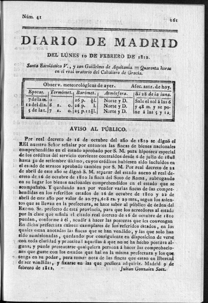 Miniatura de Diario de Madrid del lunes 10 de Febrero de 1812