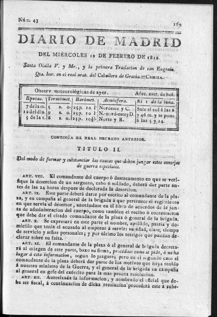Miniatura de Diario de Madrid del miércoles 12 de Febrero de 1812
