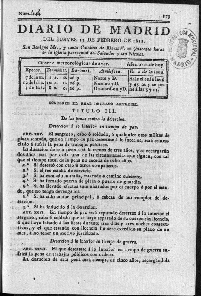 Miniatura de Diario de Madrid del jueves 13 de Febrero de 1812