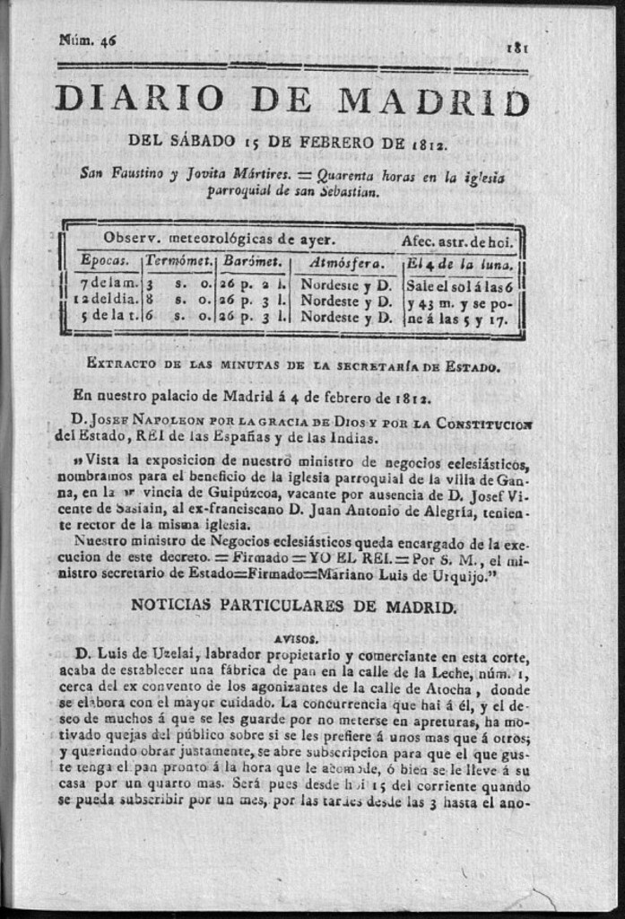 Miniatura de Diario de Madrid del sábado 15 de Febrero de 1812