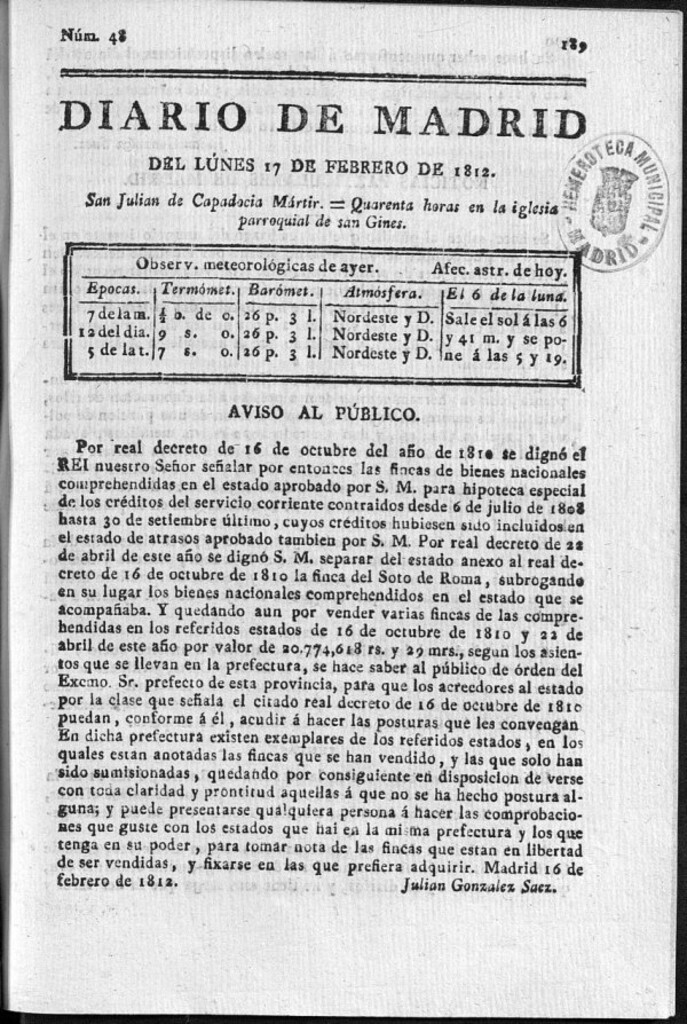 Miniatura de Diario de Madrid del lunes 17 de Febrero de 1812
