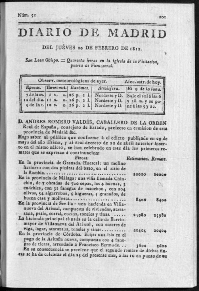 Miniatura de Diario de Madrid del jueves 20 de Febrero de 1812