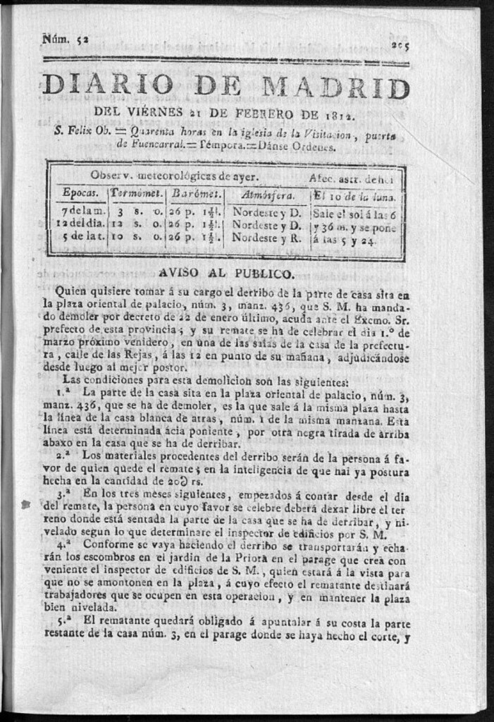 Miniatura de Diario de Madrid del viernes 21 de Febrero de 1812