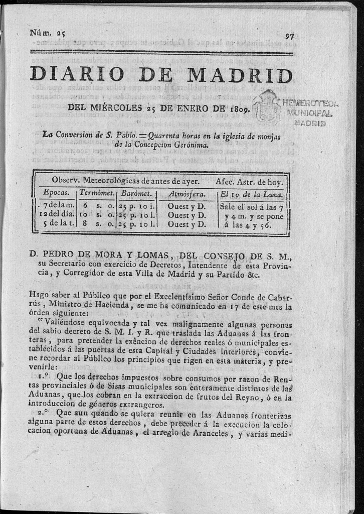 Miniatura de Diario de Madrid del miércoles 25 de Enero de 1809
