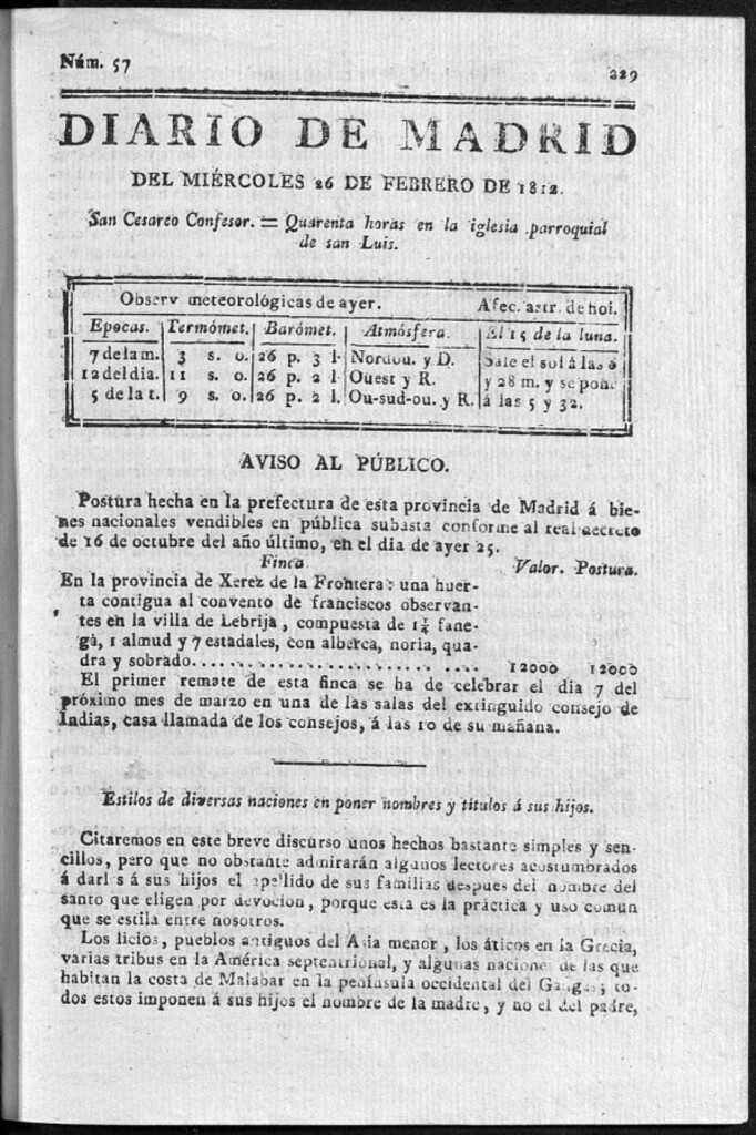 Miniatura de Diario de Madrid del miércoles 26 de Febrero de 1812