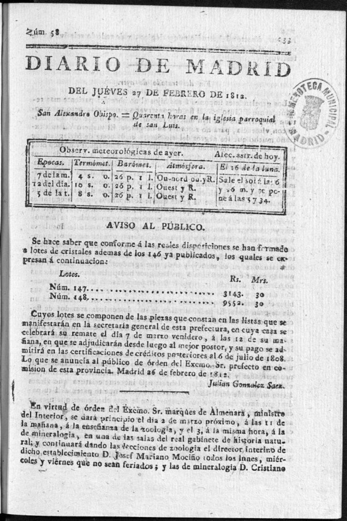 Miniatura de Diario de Madrid del jueves 27 de Febrero de 1812