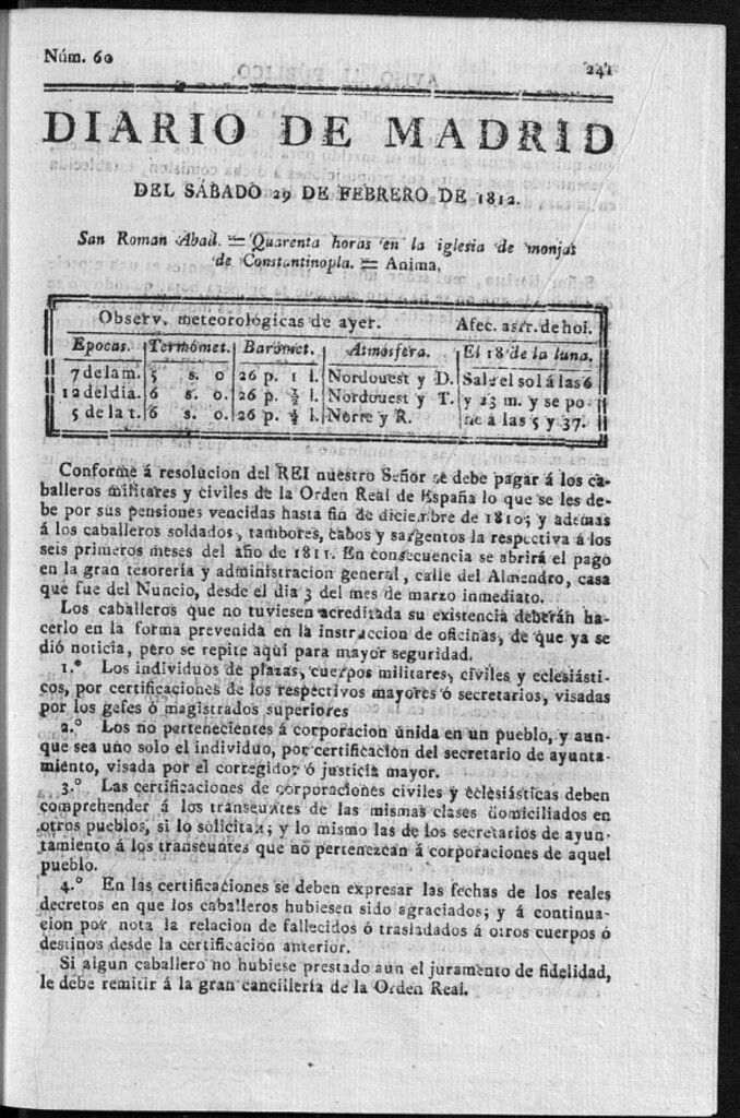 Miniatura de Diario de Madrid del sábado 29 de Febrero de 1812