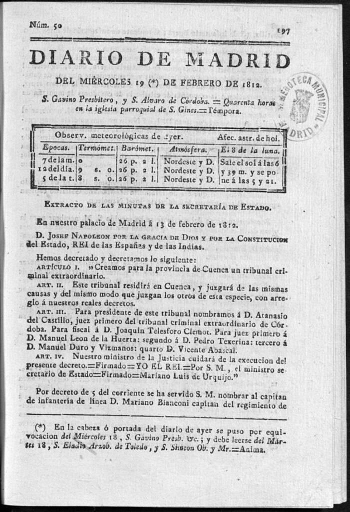 Miniatura de Diario de Madrid del miércoles 19 de Febrero de 1812