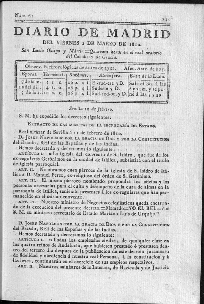 Miniatura de Diario de Madrid del viernes 2 de Marzo de 1810