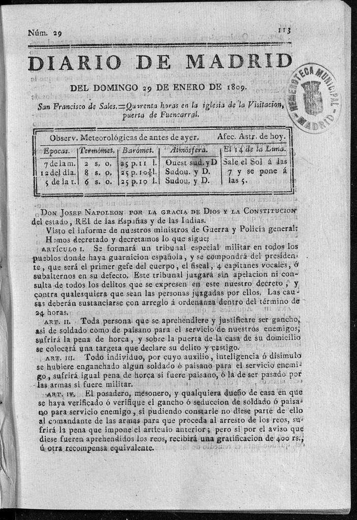 Miniatura de Diario de Madrid del domingo 29 de Enero de 1809