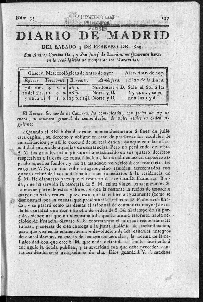 Miniatura de Diario de Madrid del sábado 4 de Febrero de 1809
