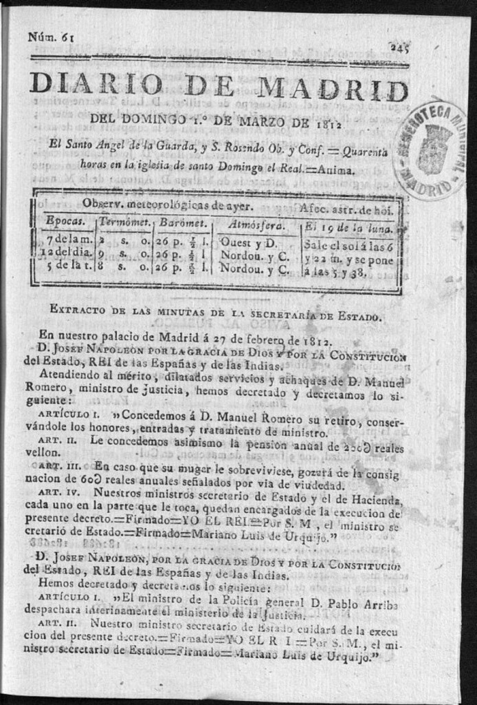 Miniatura de Diario de Madrid del domingo 1 de Marzo de 1812