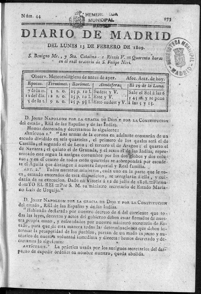 Miniatura de Diario de Madrid del lunes 13 de Febrero de 1809