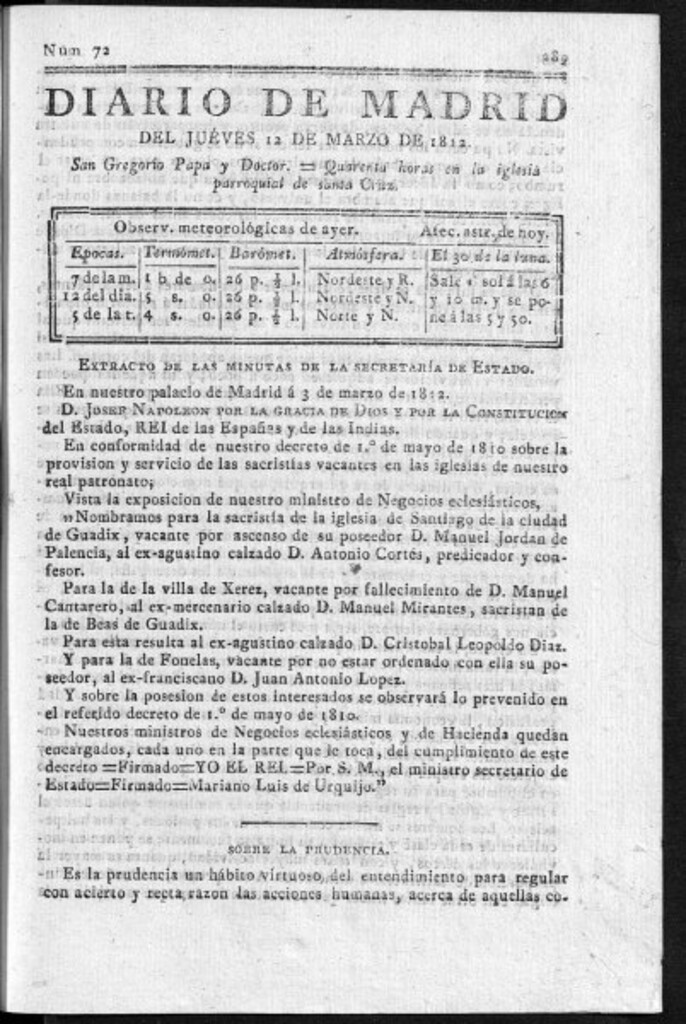Miniatura de Diario de Madrid del jueves 12 de Marzo de 1812