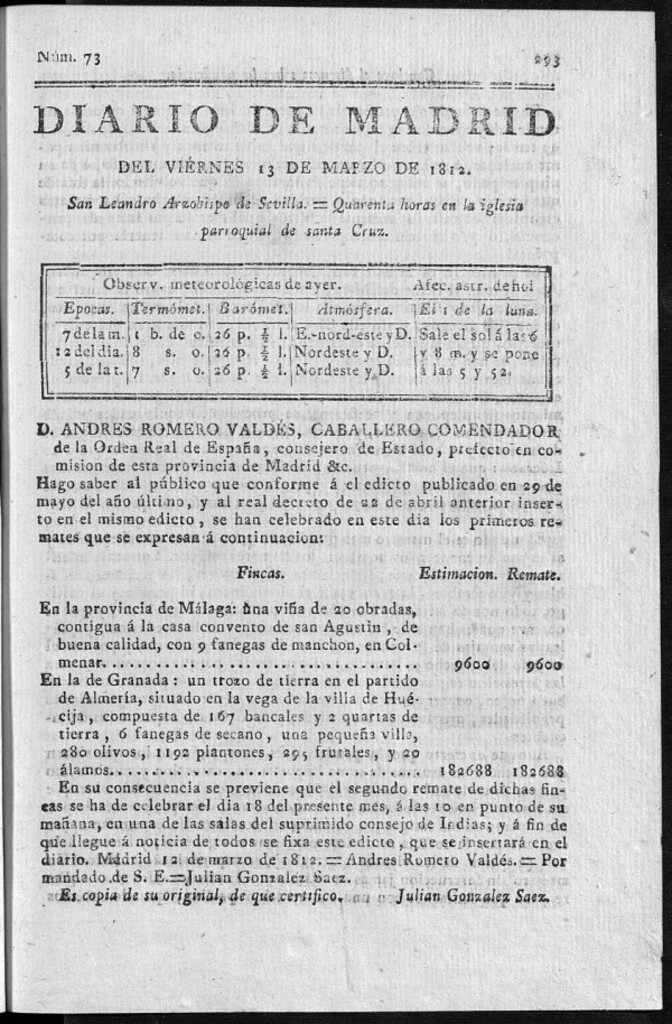 Miniatura de Diario de Madrid del viernes 13 de Marzo de 1812