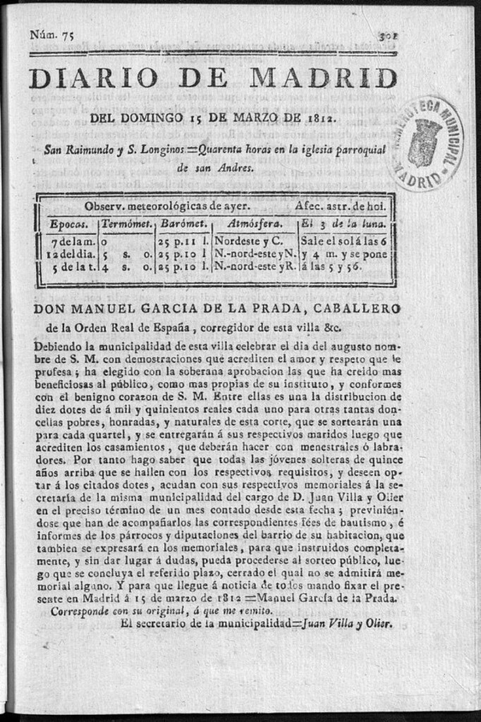 Miniatura de Diario de Madrid del domingo 15 de Marzo de 1812
