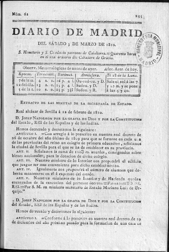 Miniatura de Diario de Madrid del sábado 3 de Marzo de 1810