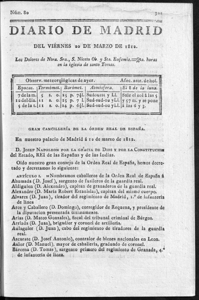 Miniatura de Diario de Madrid del viernes 20 de Marzo de 1812