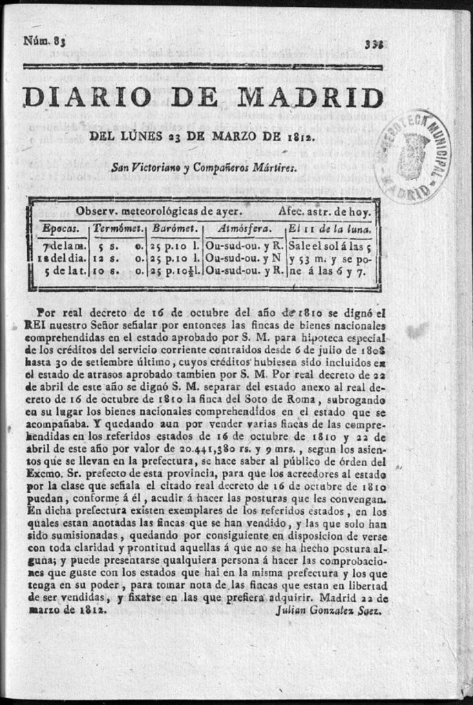 Miniatura de Diario de Madrid del lunes 23 de Marzo de 1812