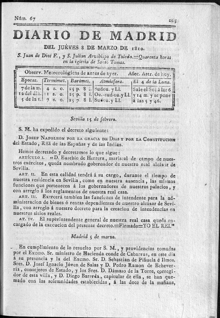 Miniatura de Diario de Madrid del jueves 8 de Marzo de 1810