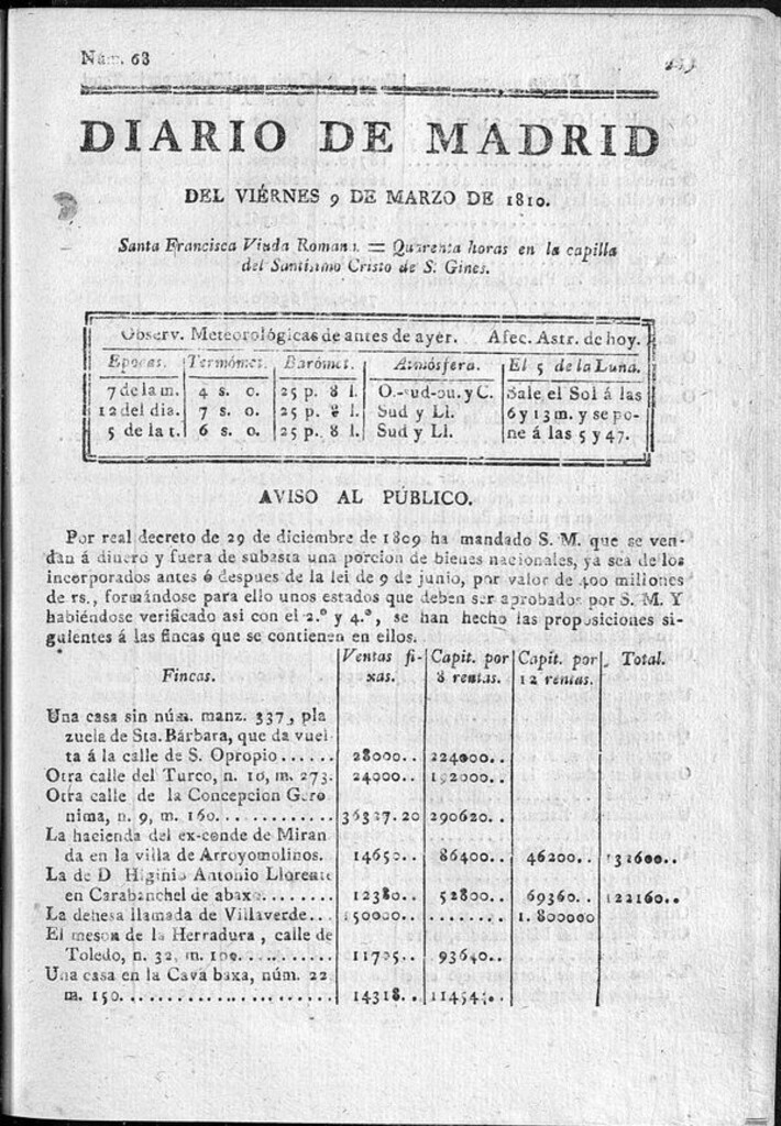 Miniatura de Diario de Madrid del viernes 9 de Marzo de 1810