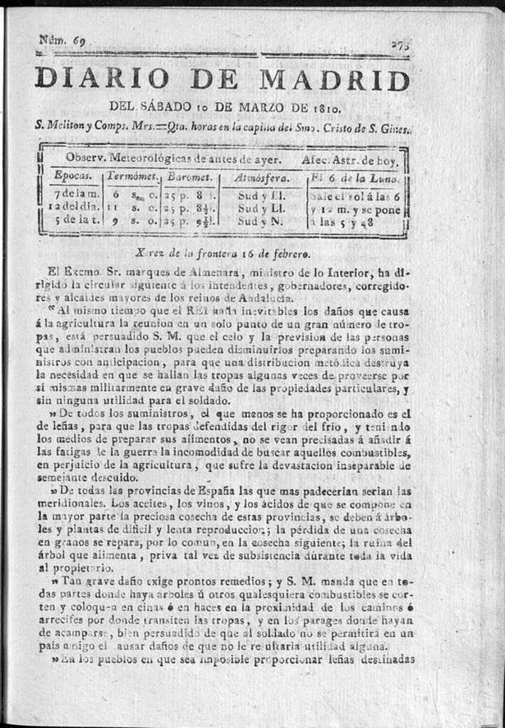 Miniatura de Diario de Madrid del sábado 10 de Marzo de 1810