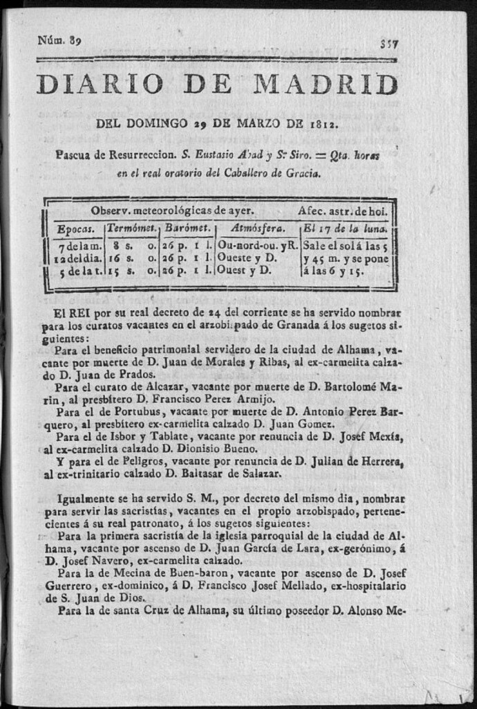 Miniatura de Diario de Madrid del domingo 29 de Marzo de 1812