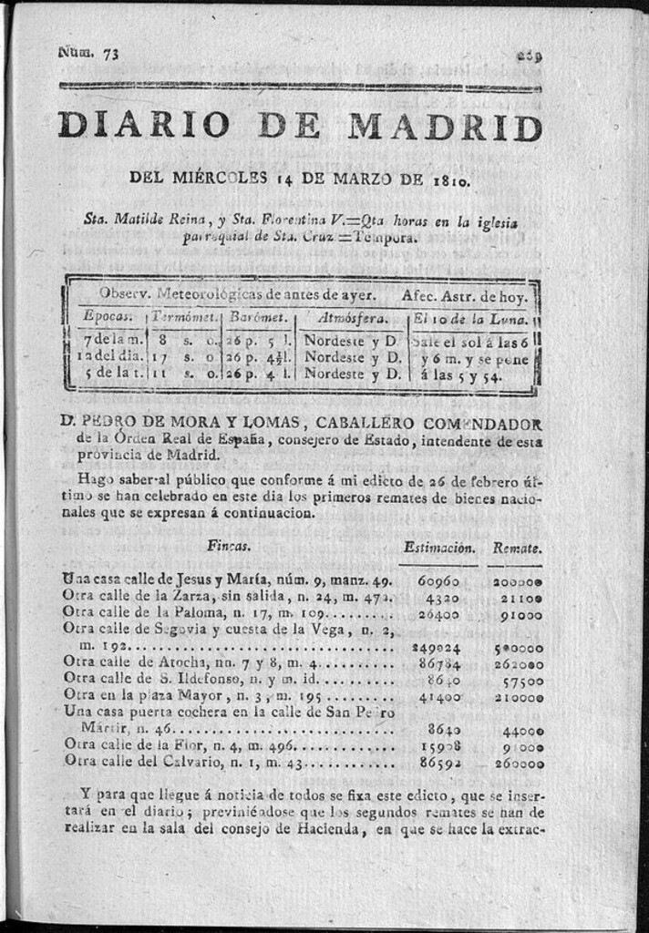 Miniatura de Diario de Madrid del miércoles 14 de Marzo de 1810