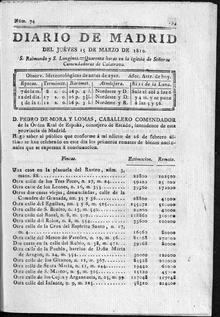 Miniatura de Diario de Madrid del jueves 15 de Marzo de 1810