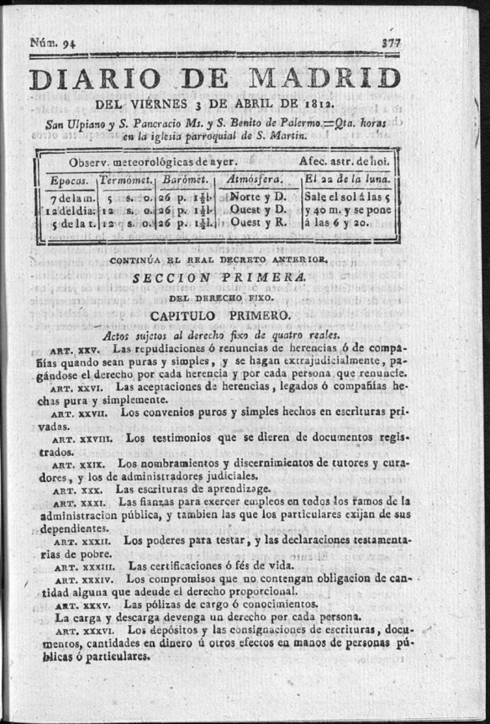 Miniatura de Diario de Madrid del viernes 3 de Abril de 1812