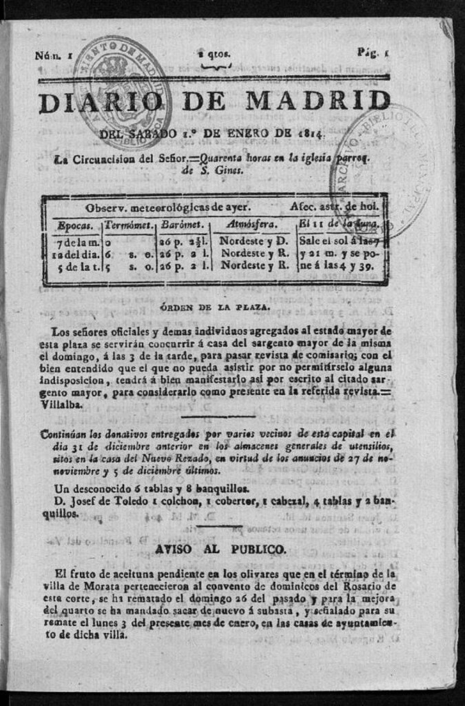 Miniatura de Diario de Madrid del sábado 1 de Enero de 1814