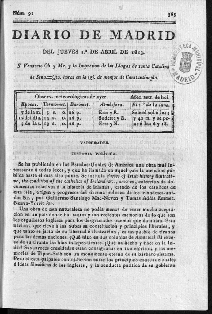 Miniatura de Diario de Madrid Jueves 1 de Abril de 1813