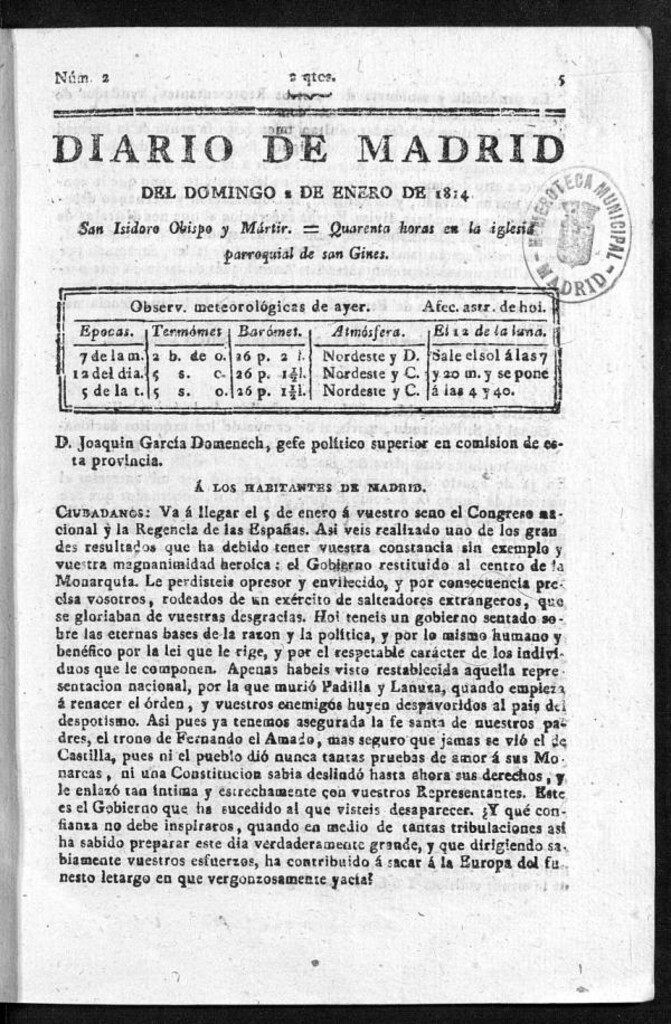 Miniatura de Diario de Madrid del domingo 2 de Enero de 1814